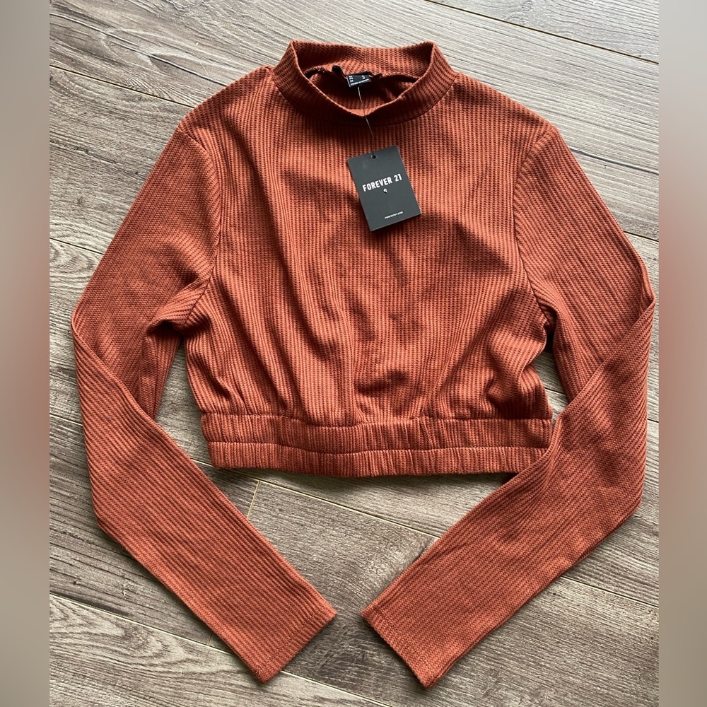3/$15 Forever 21 NWT brown waffle knit cropped mock neck long sleeve shirt
